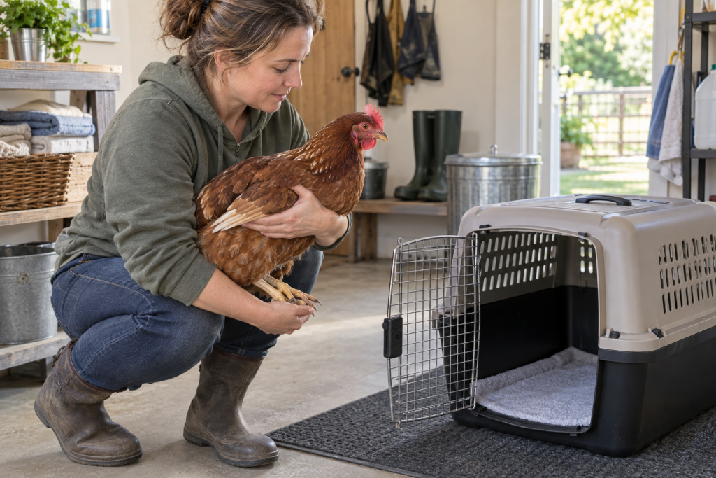 Keeper carrying an upright hen with wings and feet supported toward an open ventilated poultry carrier