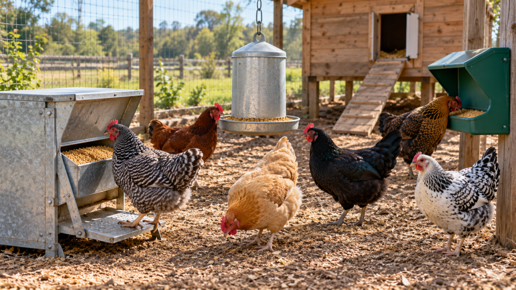 Hens using treadle, hanging, and wall-mounted chicken feeders in a secure run