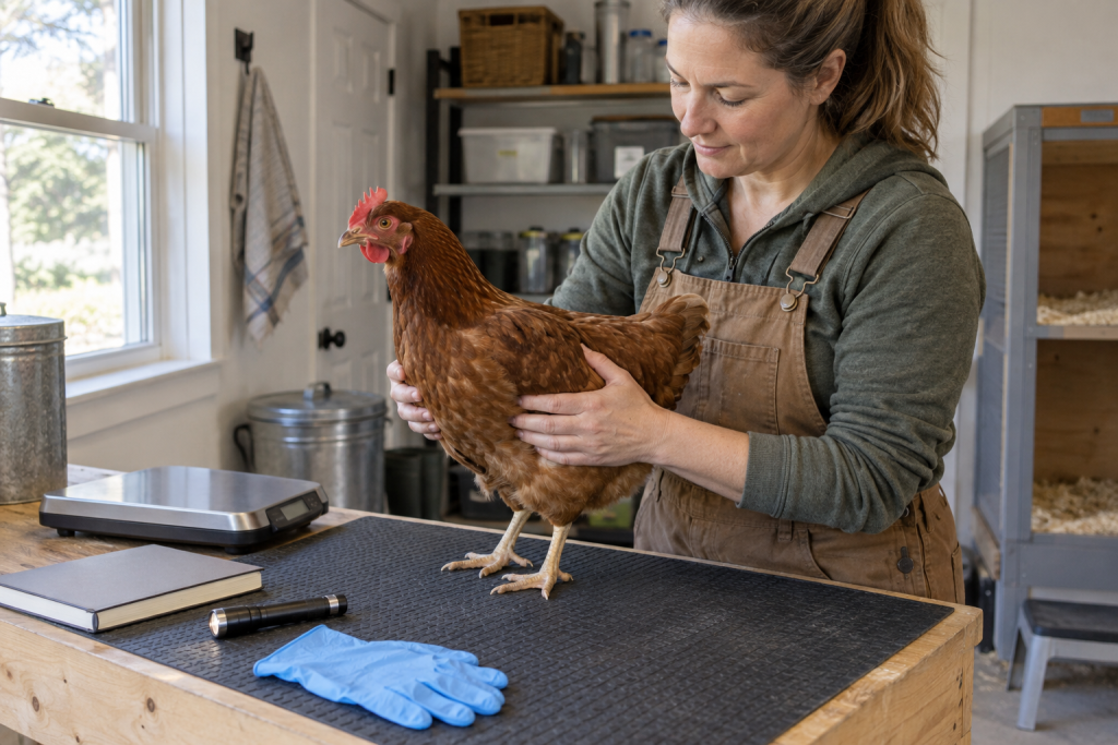 Adult keeper performing a calm head-to-toe health check on an upright hen at a nonslip examination station