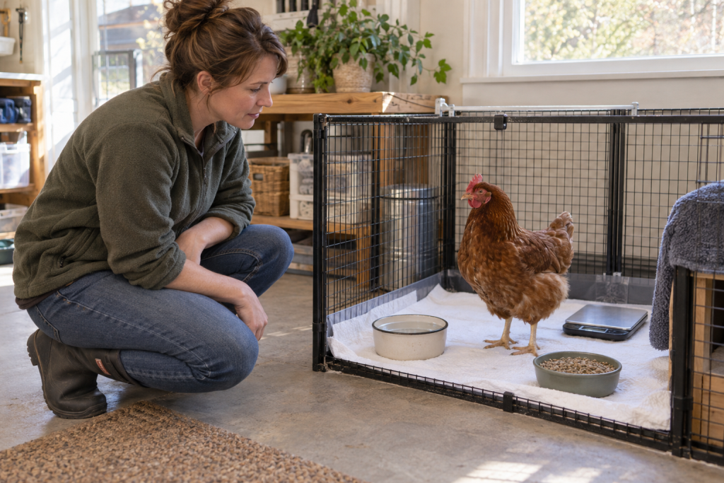Keeper quietly observing a subdued hen with separate feed and water dishes in a clean hospital pen