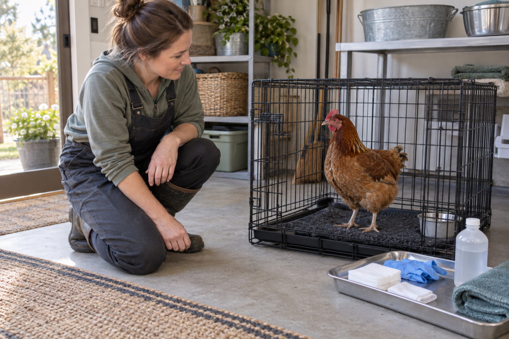 Adult keeper calmly observing an alert hen in a secure recovery crate beside organized chicken wound-care supplies