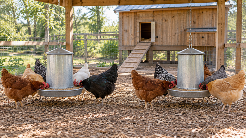 Ten hens calmly sharing two hanging poultry feeders in a spacious run