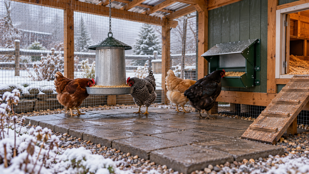 Hens using covered feeders under a roofed run during light winter weather