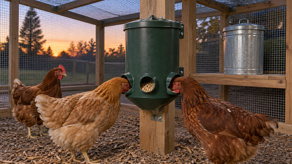 Hens using a covered no-waste feeder near a sealed metal feed-storage can