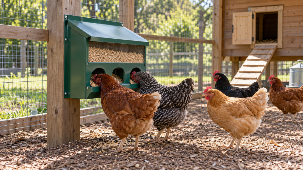 Hens eating from a green wall-mounted no-waste chicken feeder