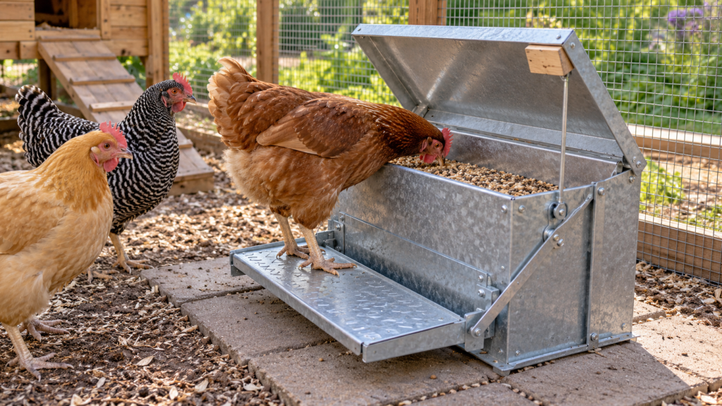 Hen standing on the pedal of an open galvanized treadle chicken feeder