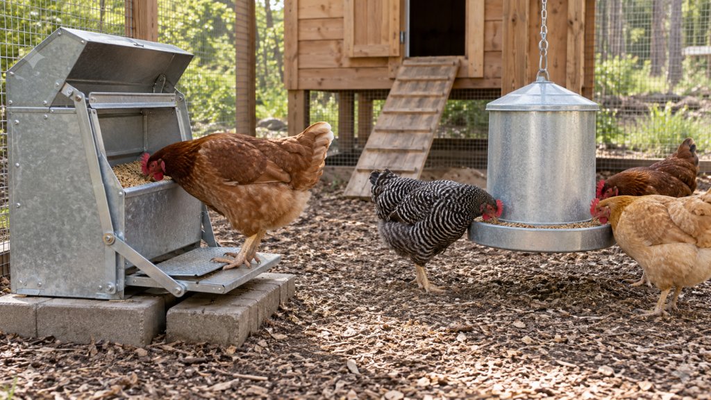 A hen using a treadle feeder beside hens eating from a hanging gravity feeder