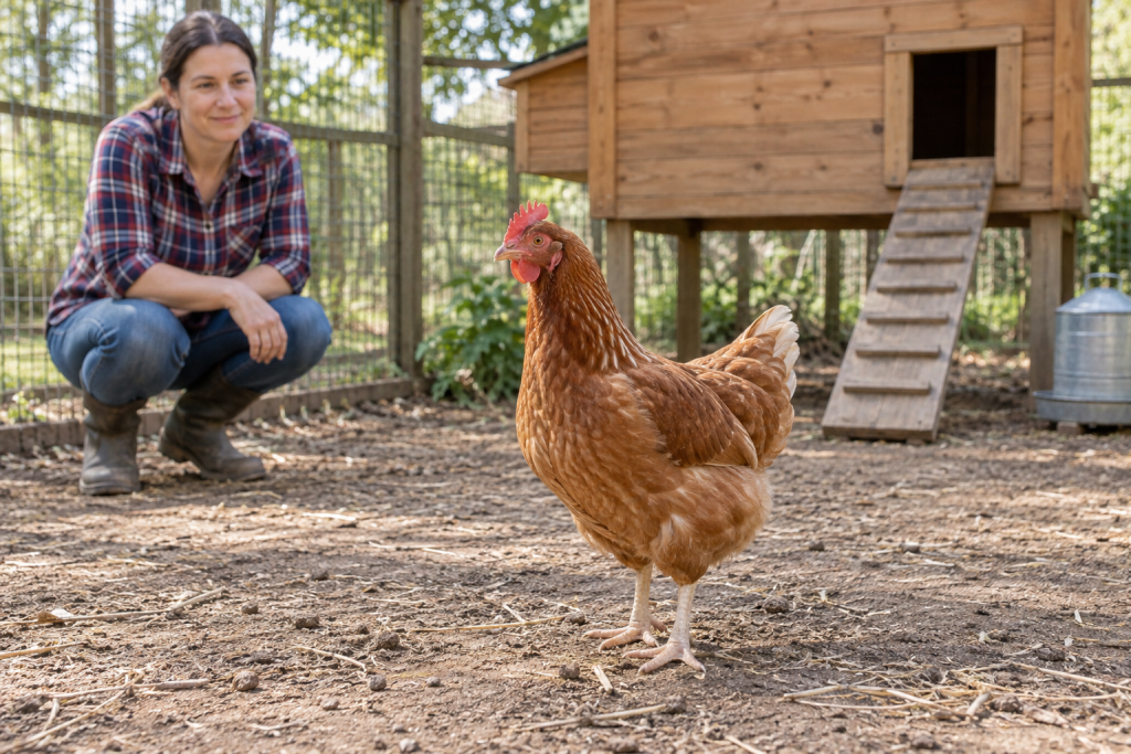 Keeper quietly observing a red hen standing cautiously in a secure chicken run beside a ramp leading to an open coop door